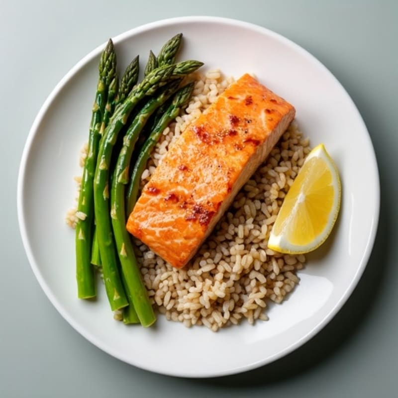Seared Salmon Fillet with Steamed Asparagus and Brown Rice