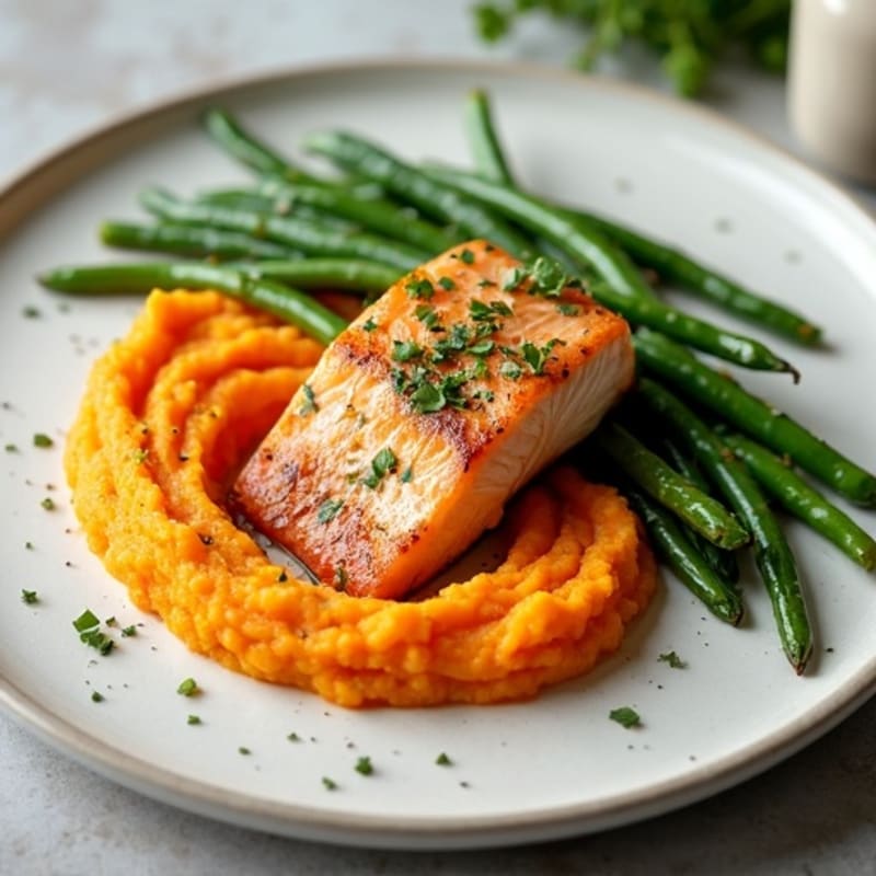 Seared Salmon with Garlic Green Beans and Sweet Potato Mash