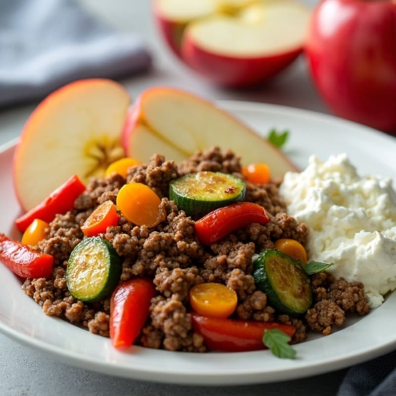 Lean Ground Beef and Veggie Sauté with Cottage Cheese and Apple Slices