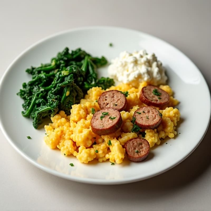 Egg White and Turkey Sausage Scramble with Cottage Cheese and Sautéed Spinach