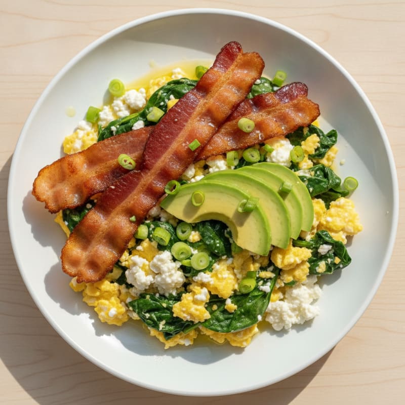 Cottage Cheese Egg Scramble with Spinach and Turkey Bacon