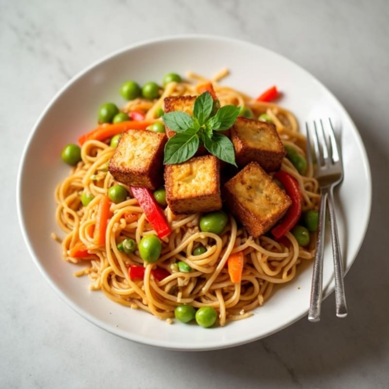 Creamy Thai Peanut Noodles with Crispy Tofu and Fresh Vegetables