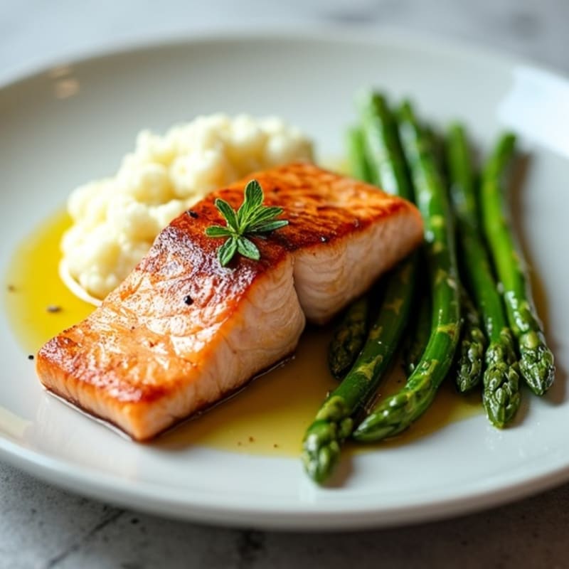 Seared Salmon with Steamed Asparagus and Garlic Mashed Cauliflower