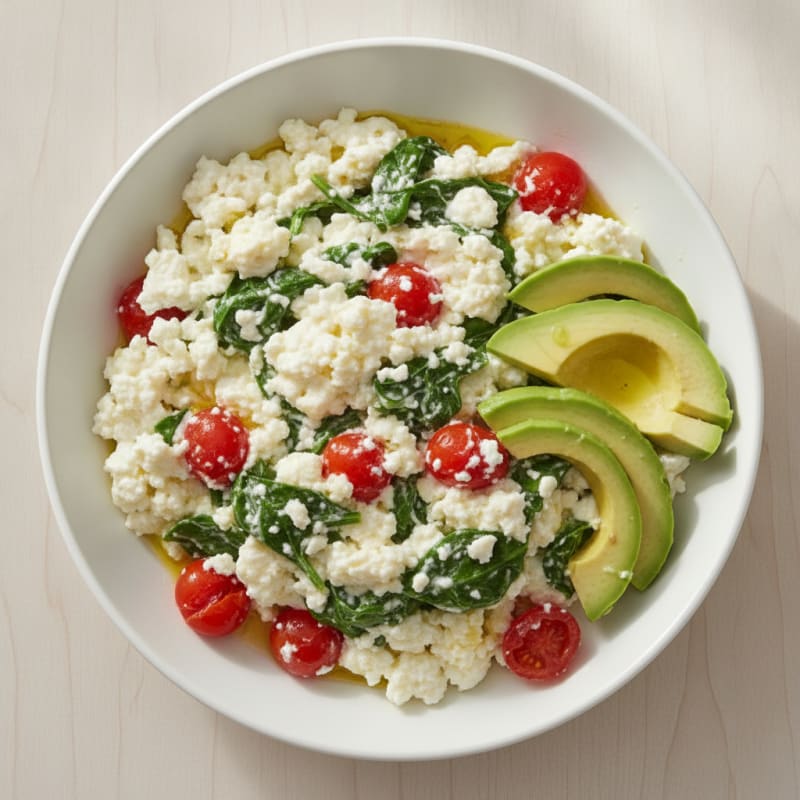 Scrambled Egg White and Cottage Cheese Bowl with Spinach and Tomatoes