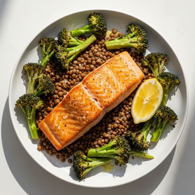 Pan-Seared Salmon with Roasted Broccoli and Lentils