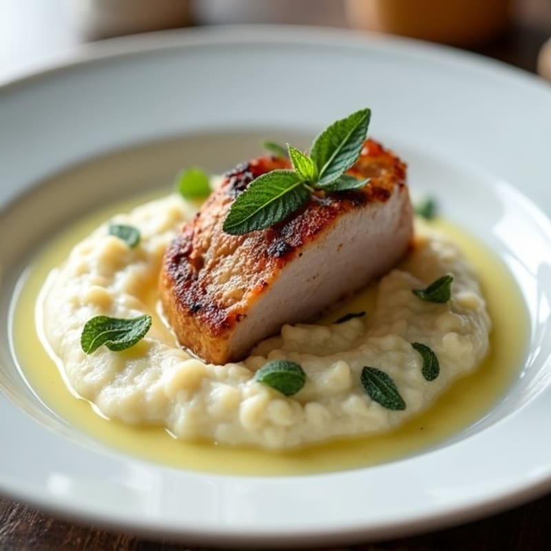 Pan-Seared Pork Tenderloin with Creamy Vanilla Cauliflower Puree and Crispy Sage