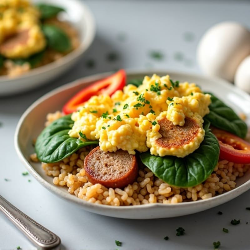 Scrambled Egg Whites with Chicken Sausage and Spinach on Warm Brown Rice Salad