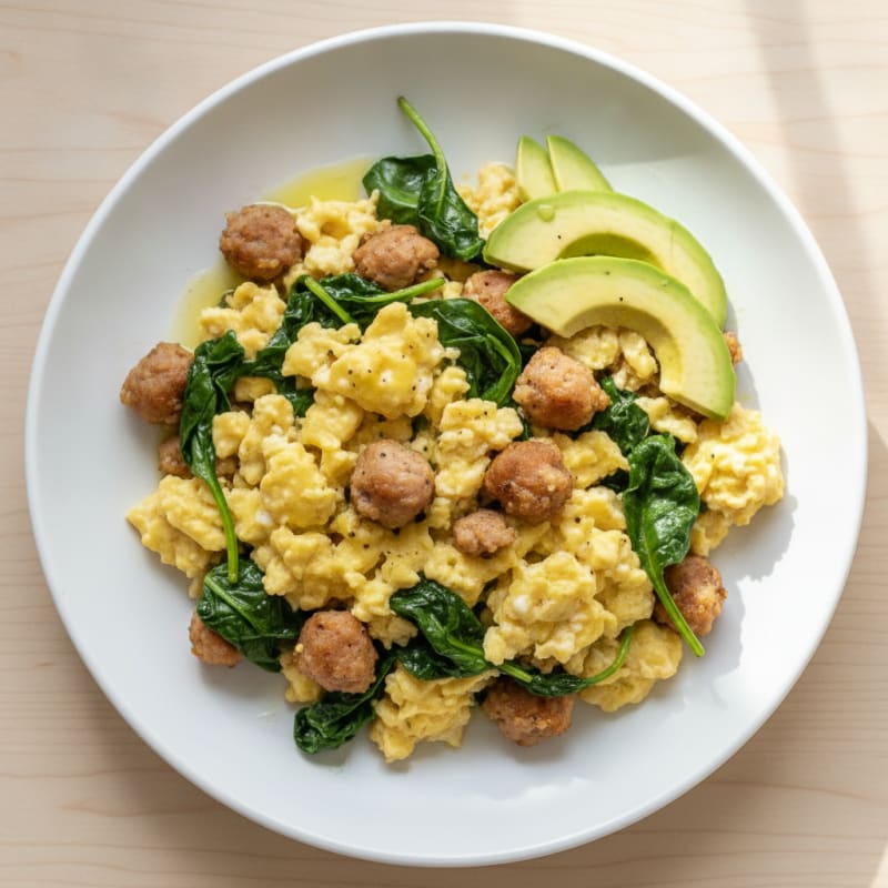 Scrambled Eggs with Chicken Sausage and Sautéed Spinach