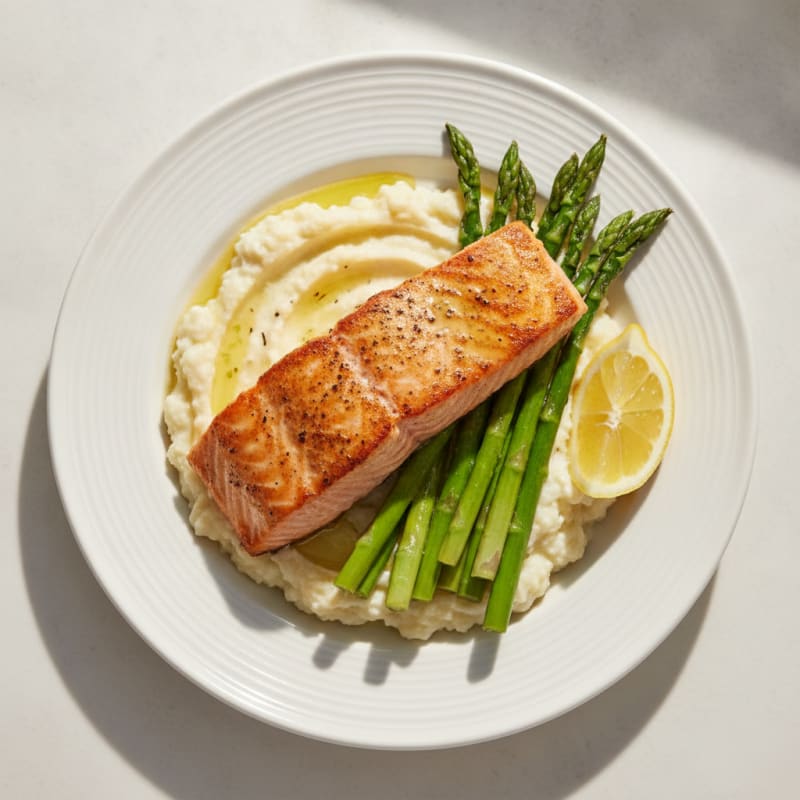 Seared Salmon Fillet with Steamed Asparagus and Cauliflower Mash