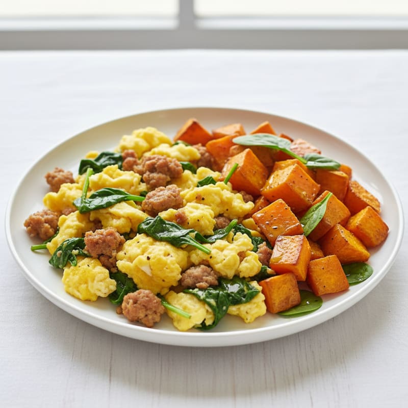 Egg and Turkey Sausage Scramble with Roasted Sweet Potatoes