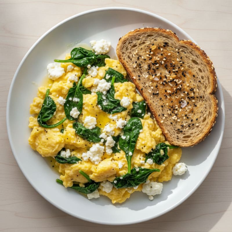Fluffy Scrambled Eggs with Cottage Cheese and Sautéed Spinach
