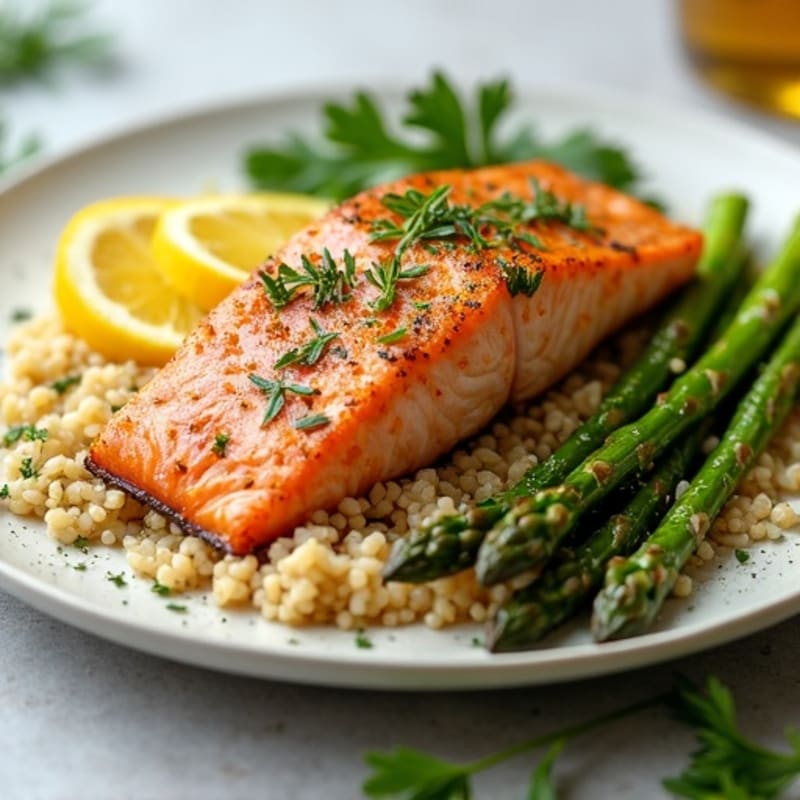 Crispy Pan-Seared Salmon with Lemon Herb Brown Rice and Roasted Asparagus