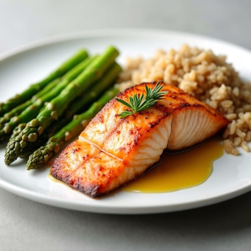Seared Salmon with Steamed Asparagus and Brown Rice