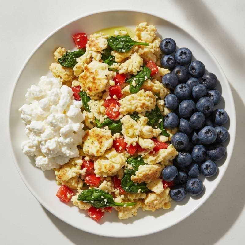Egg White Veggie Scramble with Cottage Cheese and Fresh Berries