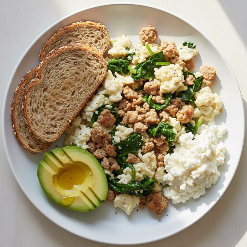 Egg White and Turkey Spinach Scramble with Cottage Cheese