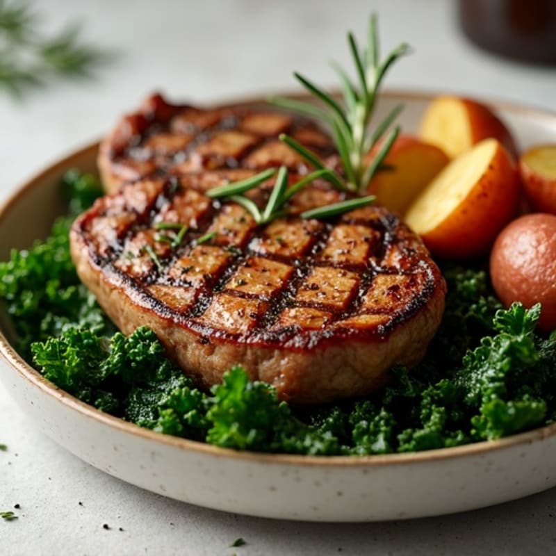Grilled Steak with Herb-Roasted Potatoes and Sautéed Greens
