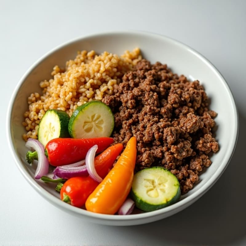 Lean Ground Beef and Brown Rice Bowl with Roasted Vegetables