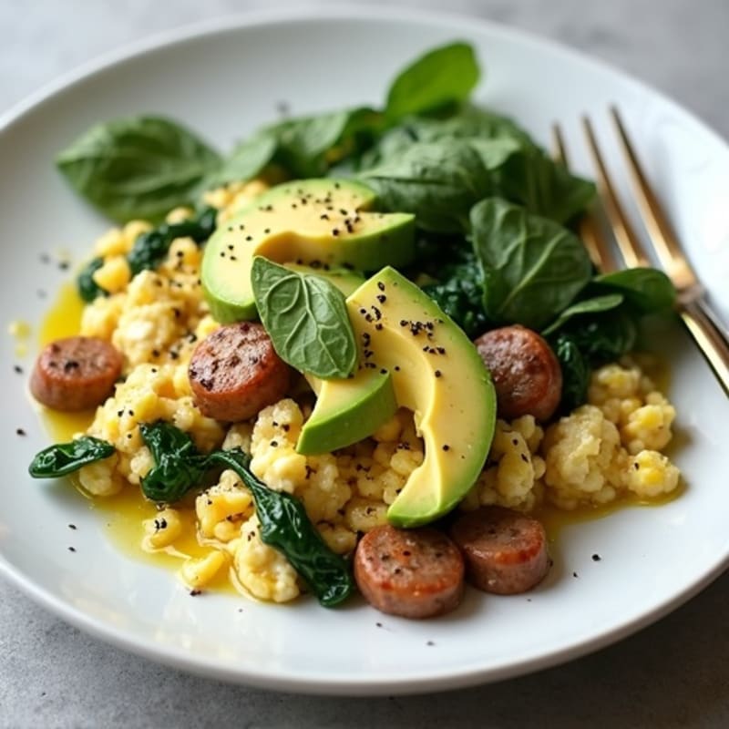 Egg White and Turkey Sausage Scramble with Sautéed Spinach