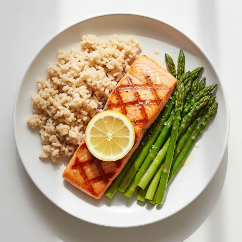 Seared Salmon with Steamed Asparagus and Brown Rice