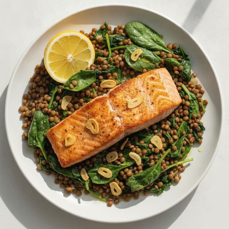 Seared Salmon Fillet with Lentil and Spinach Pilaf