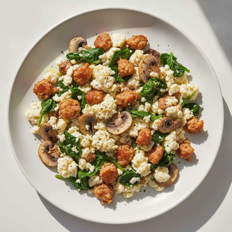 Egg White Spinach Scramble with Turkey Sausage and Sautéed Mushrooms