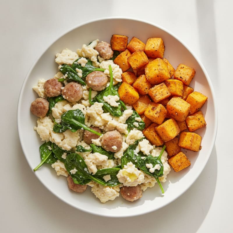 Egg White and Turkey Sausage Scramble with Spinach and Roasted Sweet Potato