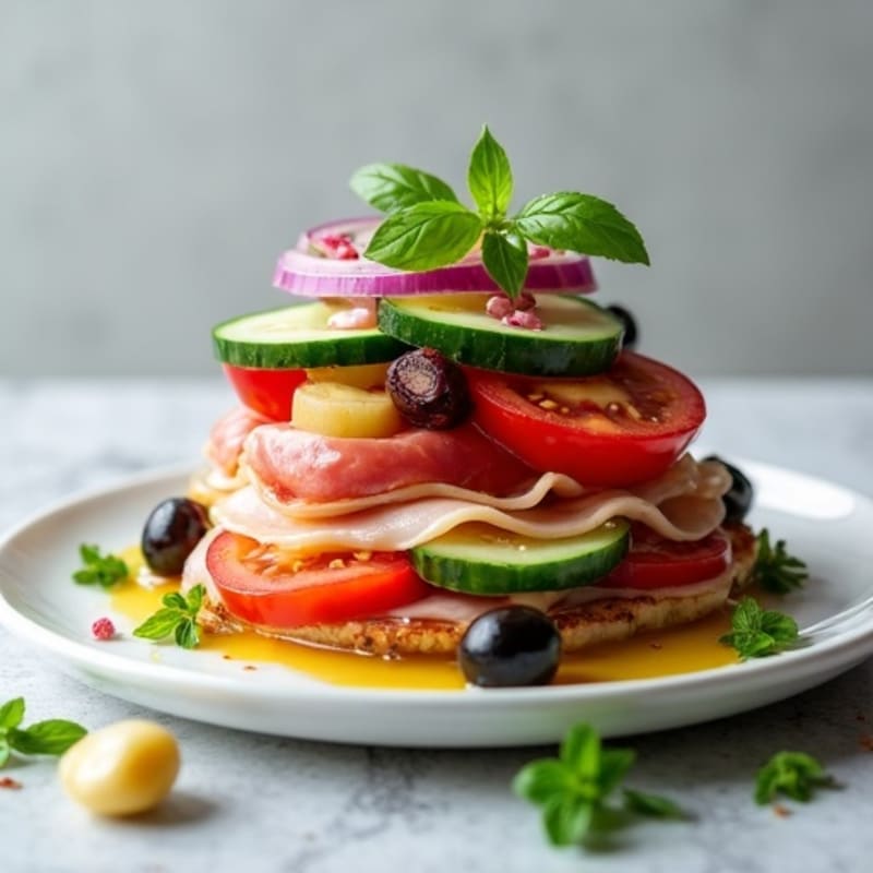 Lean Turkey-Prosciutto Stack with Fresh Mediterranean Vegetables
