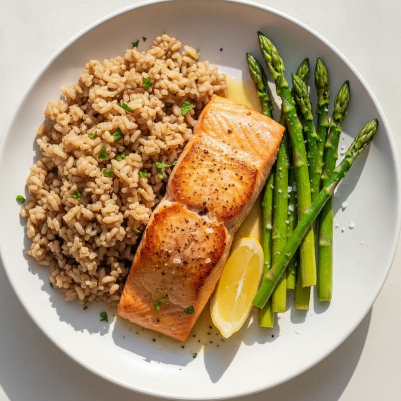 Pan-Seared Salmon with Steamed Asparagus and Brown Rice