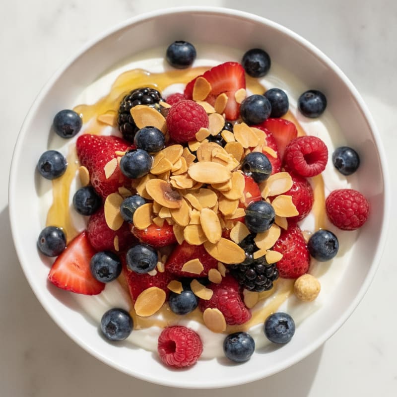 Greek Yogurt Protein Parfait with Mixed Berries and Almonds