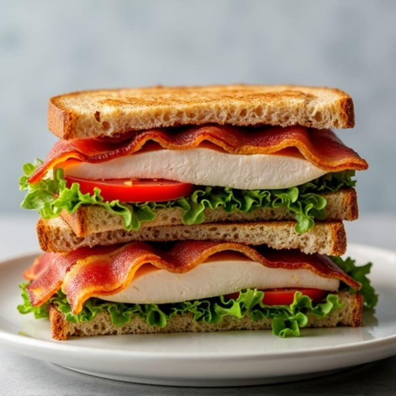 Stacked Roasted Turkey and Crispy Bacon Club with Fresh Greens