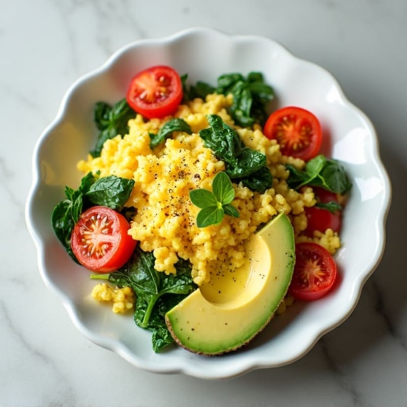 Fluffy Egg White Scramble with Fresh Spinach and Cherry Tomatoes