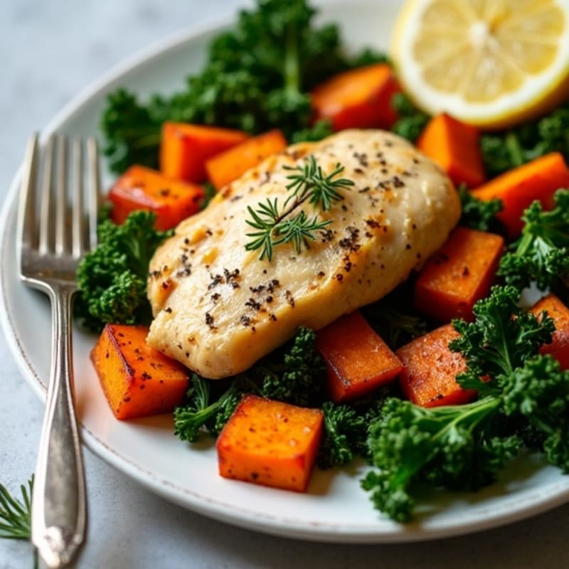 Sheet Pan Lemon Herb Chicken with Roasted Sweet Potatoes and Crispy Kale
