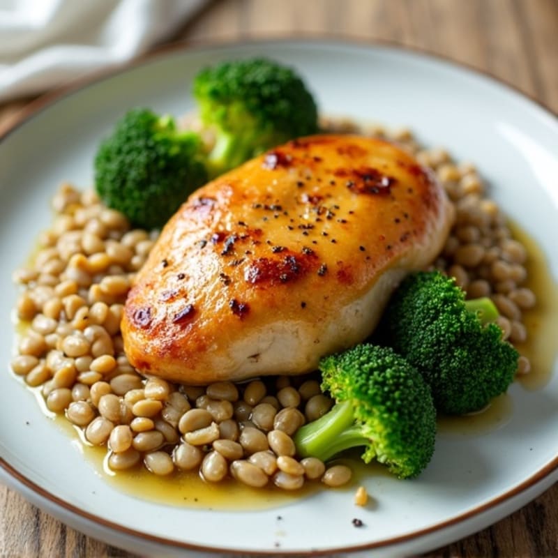 Roasted Chicken Breast with Garlic Broccoli and Lentil Mash