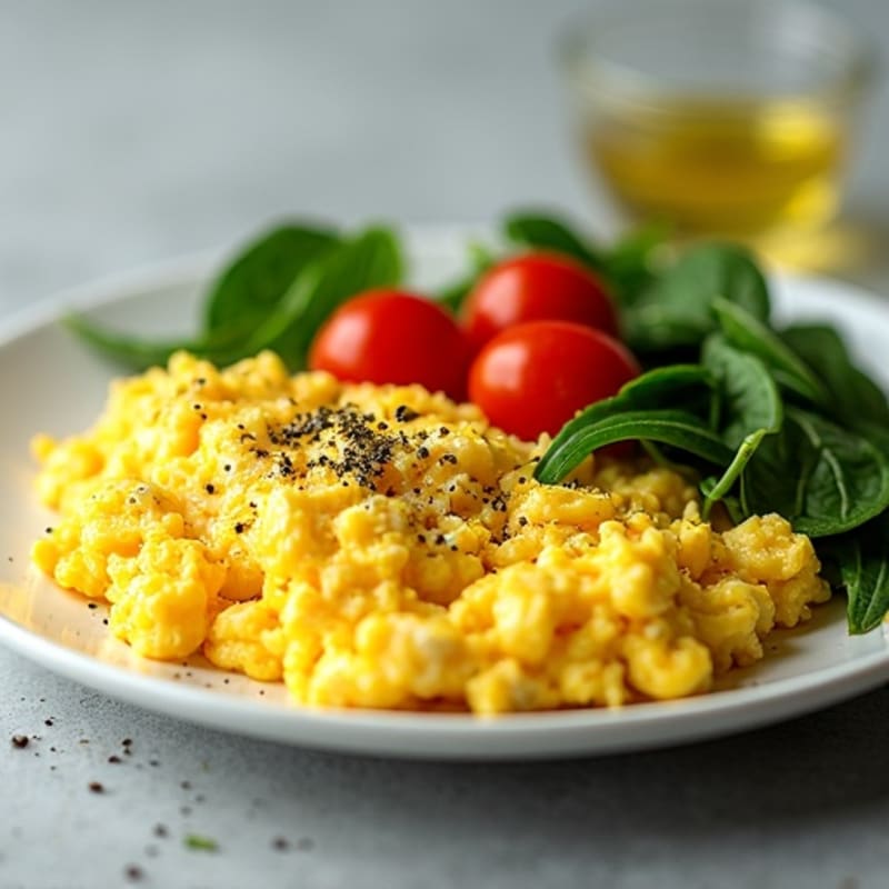 Fluffy Scrambled Eggs with Fresh Spinach and Cherry Tomatoes
