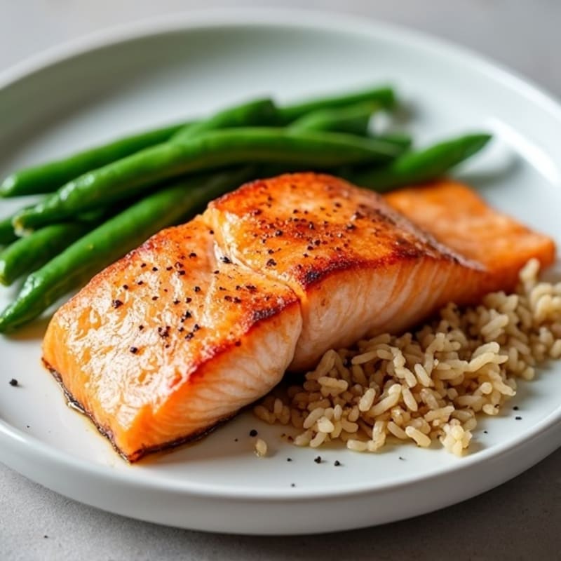 Seared Salmon with Steamed Green Beans and Brown Rice