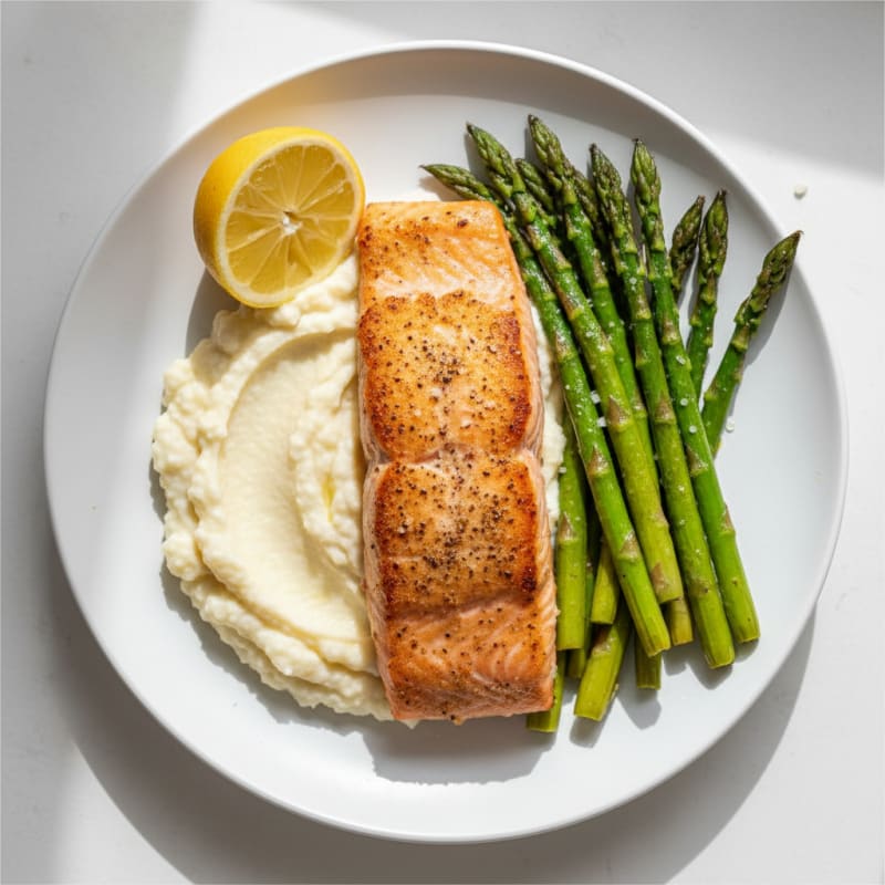 Seared Salmon Fillet with Roasted Asparagus and Cauliflower Mash