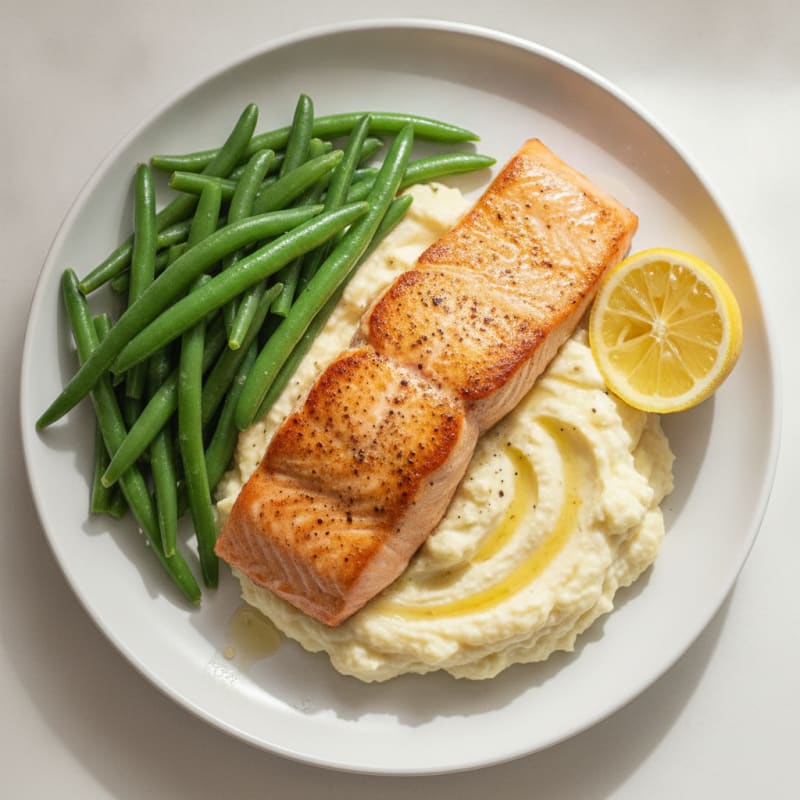 Seared Salmon with Steamed Green Beans and Mashed Cauliflower