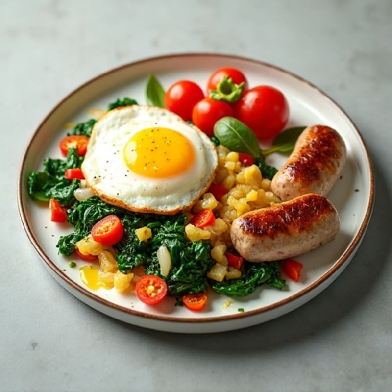 Egg White Veggie Scramble with Turkey Sausage and Sautéed Spinach