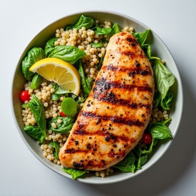 Grilled Chicken Breast Salad with Quinoa, Mixed Greens and Lemon Vinaigrette