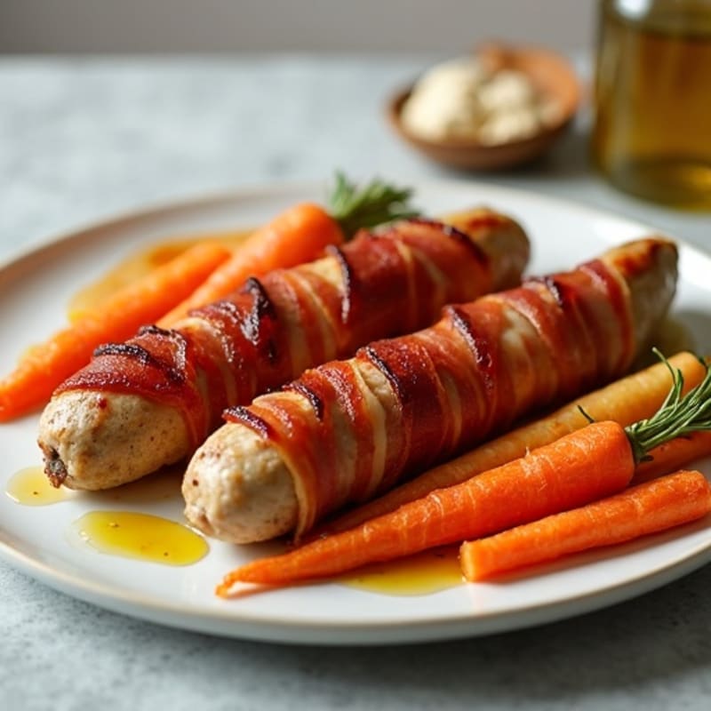 Crispy Bacon-Wrapped Chicken Sausage with Roasted Root Vegetables