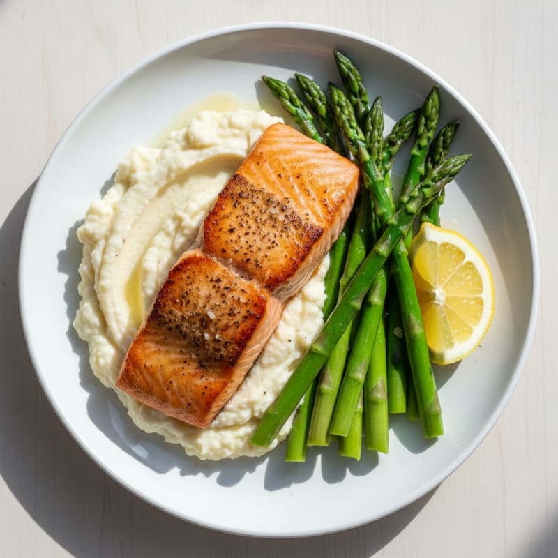 Seared Salmon with Steamed Asparagus and Cauliflower Mash