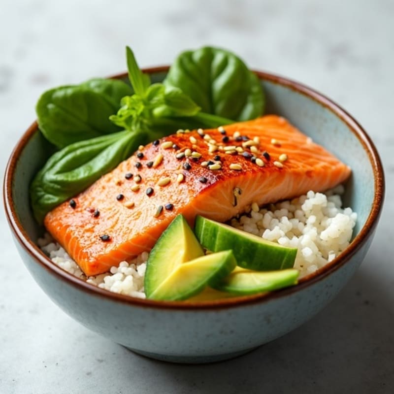 Baked Sesame Salmon Rice Bowl with Fresh Avocado and Crunchy Cucumber