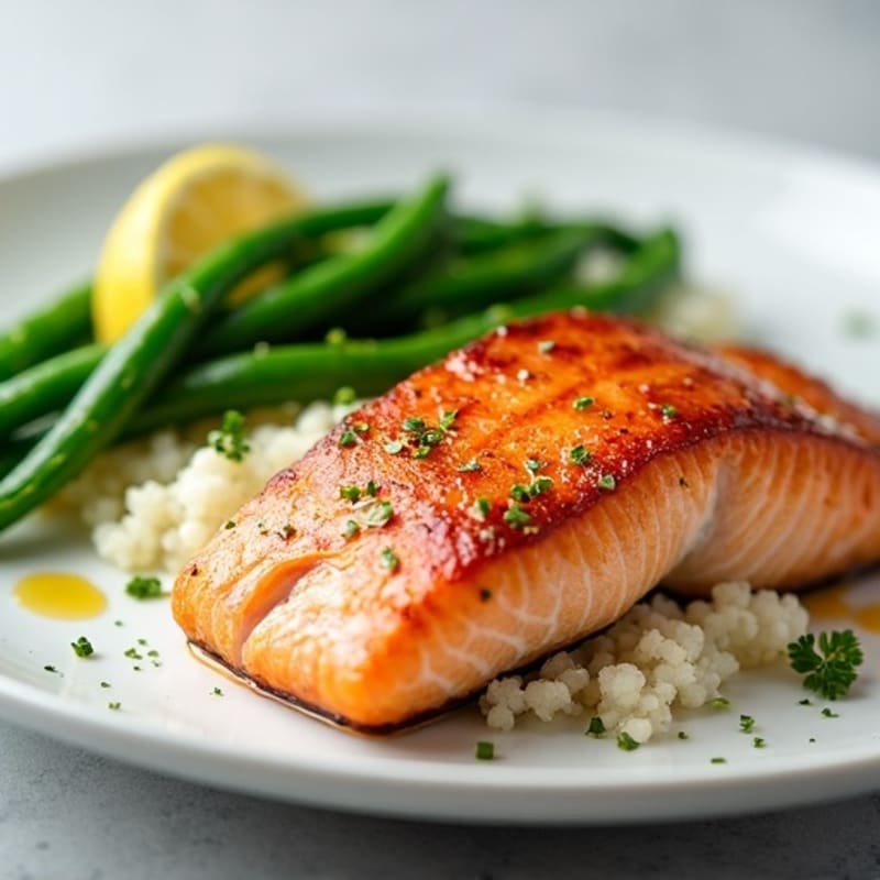Seared Salmon with Steamed Green Beans and Cauliflower Rice