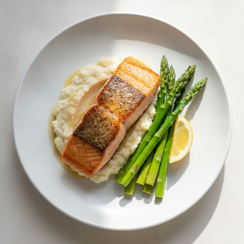 Seared Salmon with Steamed Asparagus and Cauliflower Mash