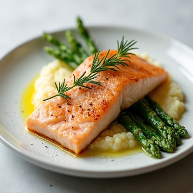 Seared Salmon with Steamed Asparagus and Cauliflower Mash