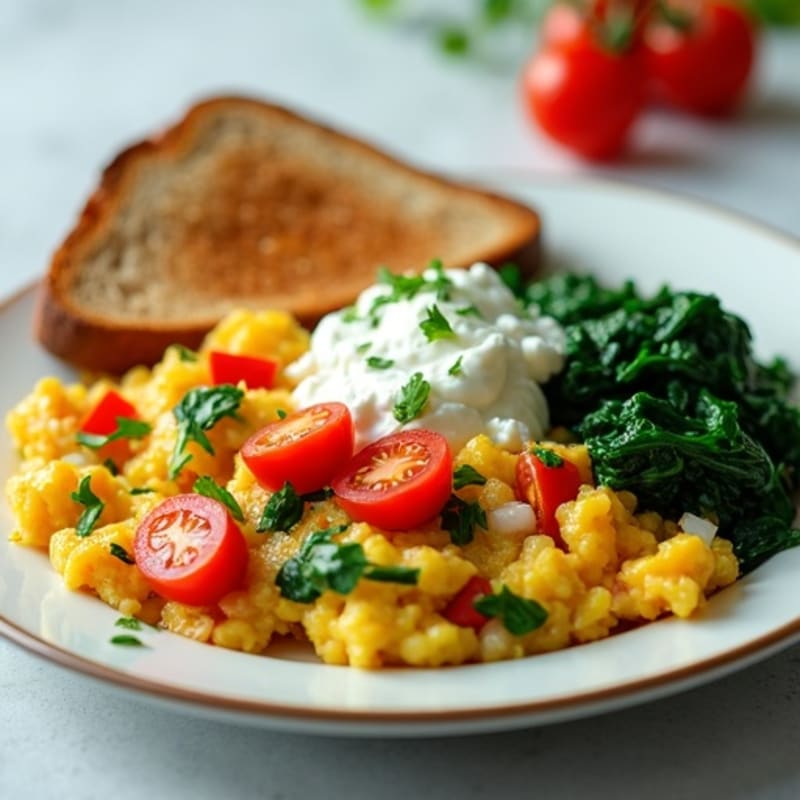 Egg White Vegetable Scramble with Cottage Cheese and Sautéed Spinach