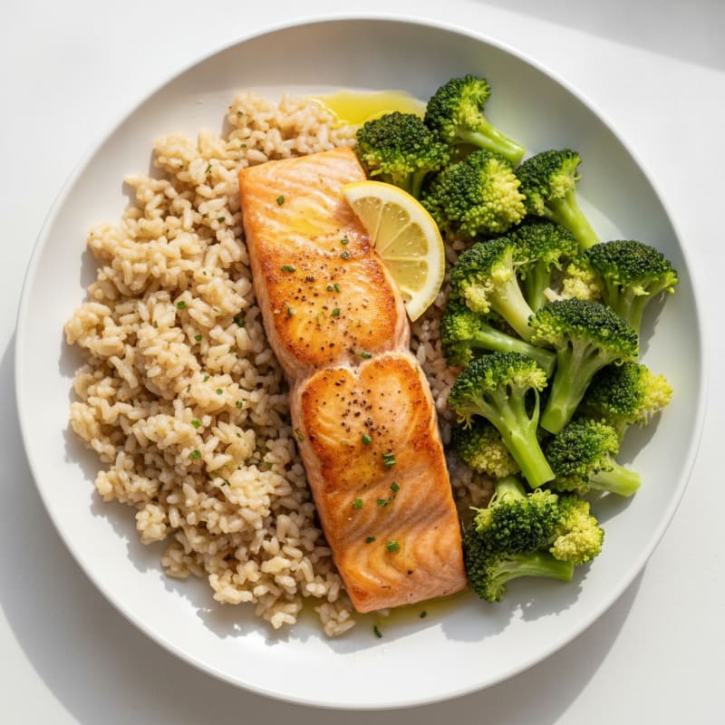 Seared Salmon with Steamed Broccoli and Brown Rice Pilaf