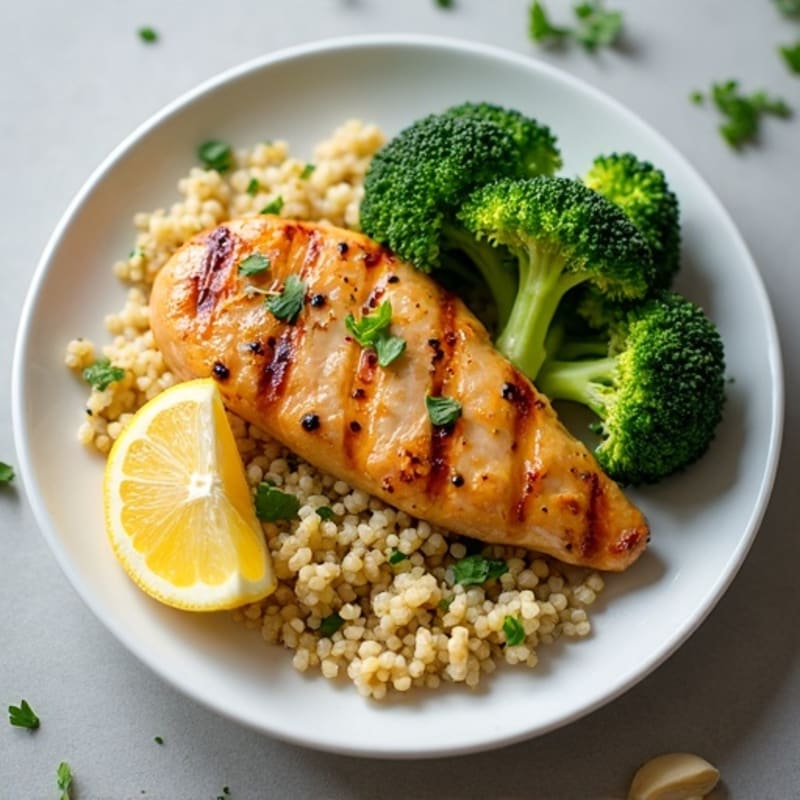 Grilled Lemon-Garlic Chicken Breast with Quinoa and Steamed Broccoli
