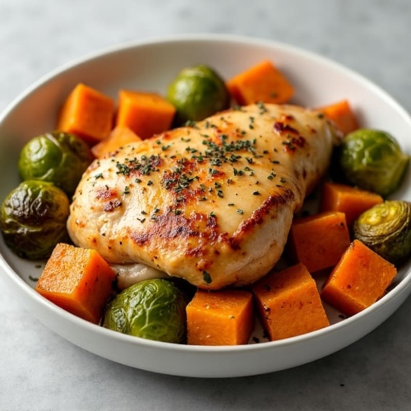 Roasted Sweet Potato and Chicken with Crispy Brussels Sprouts