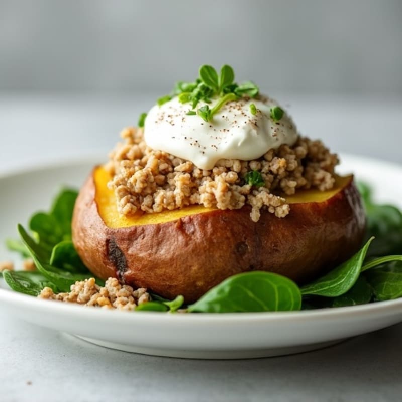 Crispy Baked Potato with Lean Ground Turkey and Creamy Greek Yogurt Topping